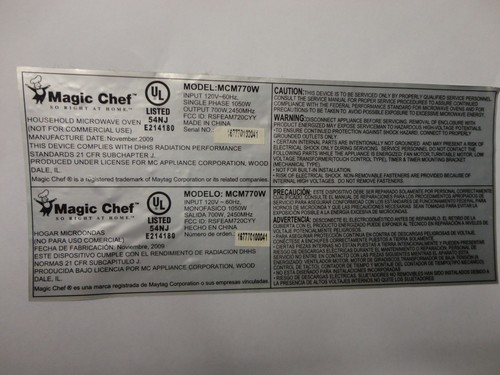 Piezas originales de horno de microondas Magic Chef MCM770W fabricante de equipos originales - Imagen 15 de 32