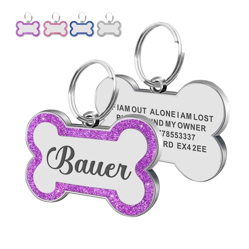 Personalised Dog Tag Glitter Bone Name ID Tags for Dog Cat Double Sided Engraved - Picture 11 of 14