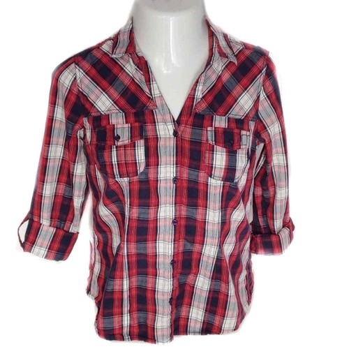 Red Blue Plaid Top 100% Cotton Button-Up Shirt M