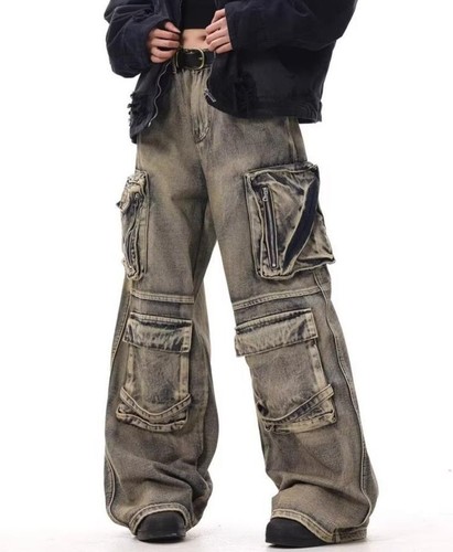 Mens Retro Blue Denim Jeans Straight Leg Loose Fit Pockets Punk Motorcycle Pants - Picture 1 of 9