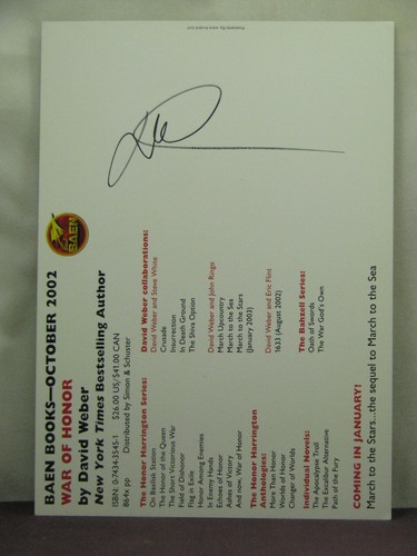 signed by author David Weber,promotional postcard for his book War of Honor - Picture 1 of 3