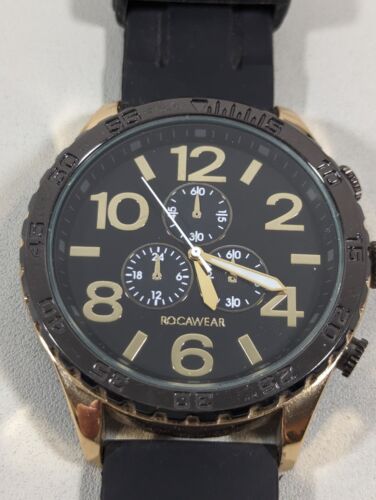Rocawear Black Dial Round Gold Tone Case Black Silicone Band Watch