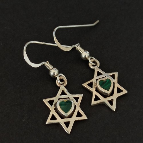 Star of David Heart Earrings Silver 925 Israel Love Vintage Green Stone Gift Box - Picture 11 of 12