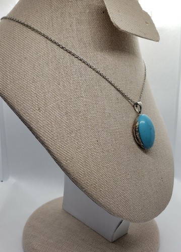 925 Sterling Silver Oval Turquoise Cabochon White Cubic Zirconia Pendant PE1168 - Picture 3 of 3