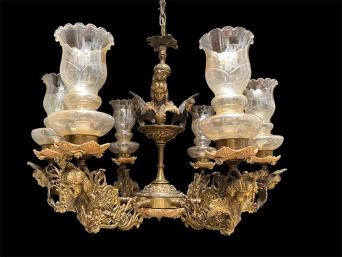 Elegante Lampadario Antico in Bronzo a Sei Luci con Caratiadi - Stile Liberty - Picture 2 of 12