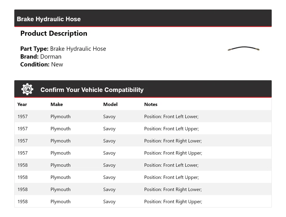 Manguera hidráulica de freno Plymouth Savoy Dorman 1957-1958 Foto 2 de 4