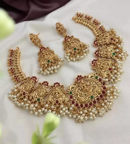 SOUTH INDIAN STYLE NECKLACE BOLLYWOOD 22K GOLD PLATED BRIDAL TEMPLE JEWELRY SET - Picture 6 of 9