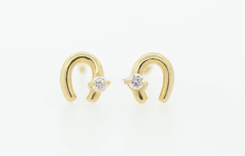 14k Solid Yellow or White Gold Horse Shoe Screw Back Stud Earrings with CZ - Picture 5 of 7