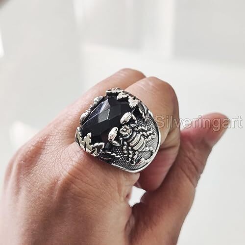 NATURAL BLACK ONYX SCORPION DECEMBER BIRTHSTONE 925 SILVER HEAVY MENS RING - Bild 9 von 9
