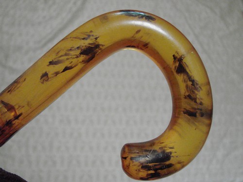 Ombrello ombrellone vintage anni 30 40 marrone/oro stampa giapponese manico lucite - Foto 6 di 7