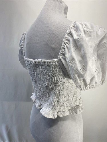 Asos Design Womens 12P White Smocked Puffed Short Sleeve Eyelet Lace Crop Top - Picture 8 of 12