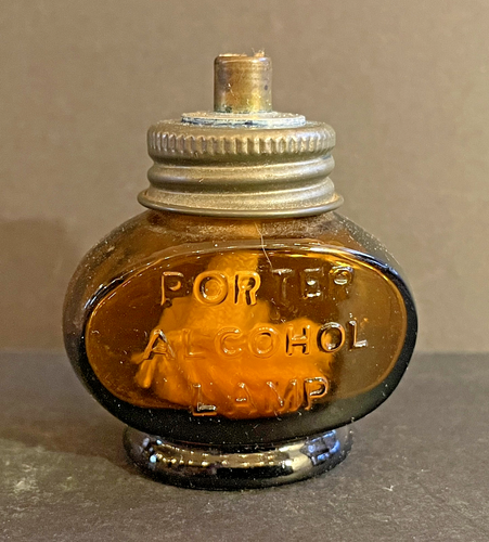 Lámpara de alcohol Porter años 20 marrón ámbar vidrio química laboratorio metal tapa mecha - Imagen 3 de 8