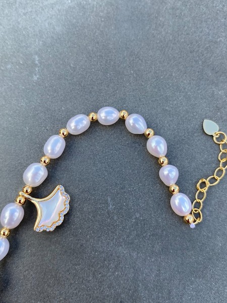 Alternate view of Freshwater Pearls Gold Plated Beaded Bracelet With Ginkgo Charm Mother Pearl