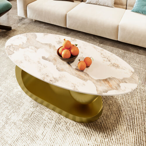 Modern Oval Coffee Table for Living Room, Marble Pattern Sintered Stone Coffee T - Picture 3 of 11