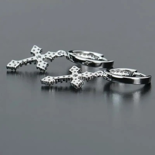 Iced 14K White Gold Plated Cross Drop Dangle Cubic Zirconia Men Women Earrings - Picture 11 of 19