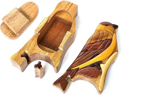 Goldfinch Bird Handcrafted Carved Intarsia Wood Puzzle Box Jewelry Trinket Box - Picture 3 of 3