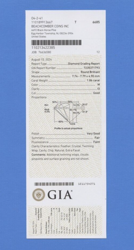 GIA Loose Certified 1.86 ct M, I3 Round Brilliant Cut Diamond (2900) - Picture 4 of 5
