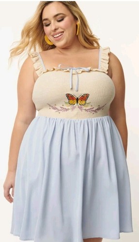 UNIQUE VINTAGE Ivory & Blue Embroidered Babydoll Dress*Pockets PLUS Size 2X**NWT - Picture 8 of 9