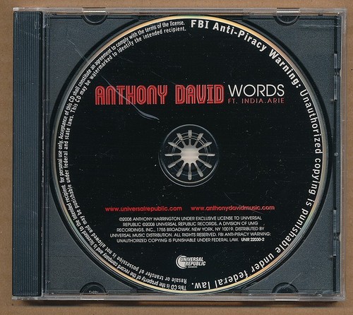 Anthony David feat. India.Arie - Words RARE promo radio only CD single '08 - Picture 2 of 2