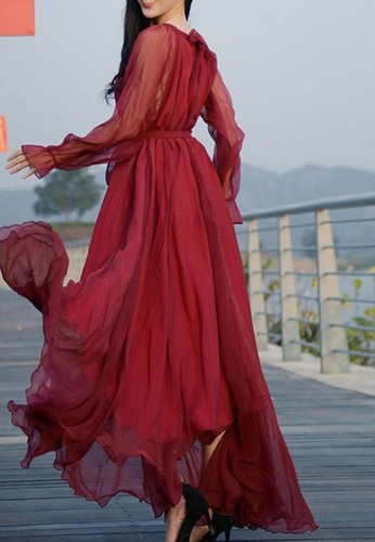 Maya Antonia Custom Color Tie-On Waist Chiffon Maxi/Long Dress, Long Sleeves - Foto 8 di 12