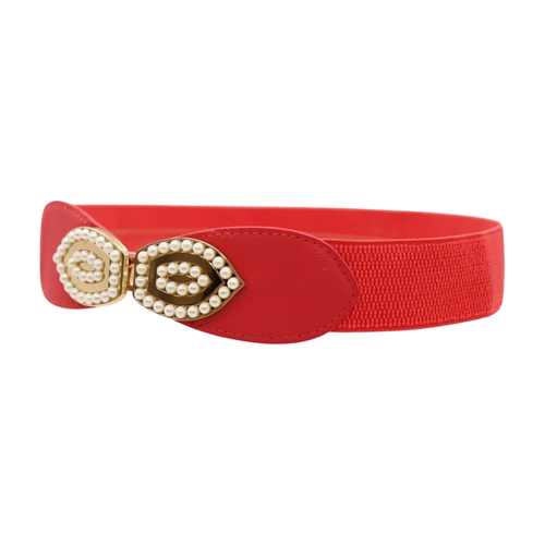 Women Coral Elastic Thin Belt Hip Waist Gold Metal Eye Buckle Pearl Beads S M - Picture 12 of 22