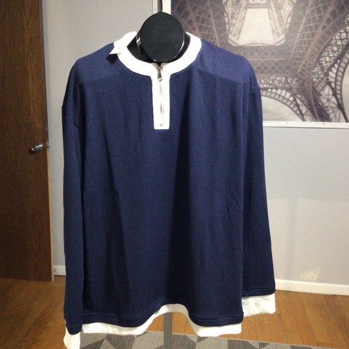 Ouku Blue Faux Layered Long Sleeve 1/4 Zip Crewneck Polyester Pullover Shirt L - Picture 2 of 6