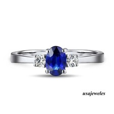 Genuine Sapphire 1.55CT Oval Cut 14K White Gold Over 3-Stone Jewelry Ring Gift