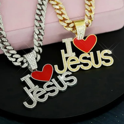 Silver I Love Jesus Cuban Red Enamel Heart Rhinestone Pendant Chain Necklace - Picture 4 of 4