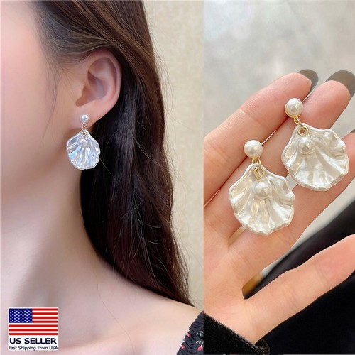 Fashion Women Elegant Exquisite Earrings Studs Mother of Pearl Shell Gold 0124