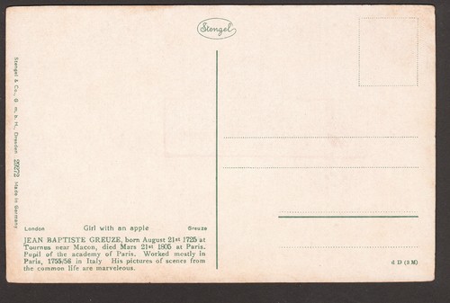 um 1910 Stengel Kunst von Greuze Kind Mädchen mit Apfel Postkarte - Bild 2 von 2