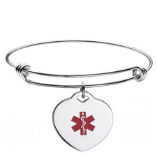 CUSTOM ENGRAVE Stainless Heart Charm Bangle Medical Id Bracelet