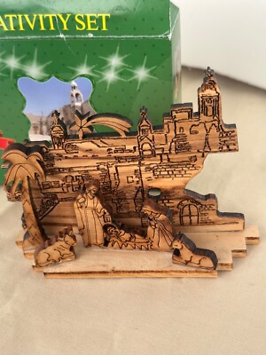 VTG Christmas Handmade in Bethlehem Olive Wood Nativity Star Holy Land w/Box NOB