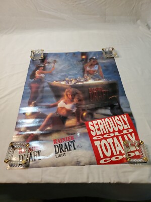 Vtg 90s Rainier Draft Beer Sexy Women Hard Hat Mining Shorts Jean Cutoffs Poster
