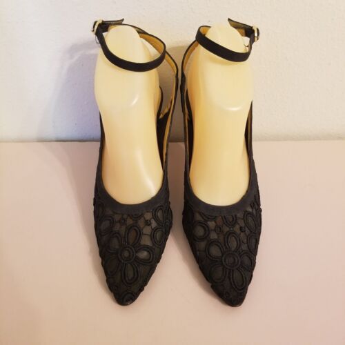 Escada 36.5 Black Embroidered Floral Ankle Wrap Heels Classy Formal 5.5 - Picture 2 of 10