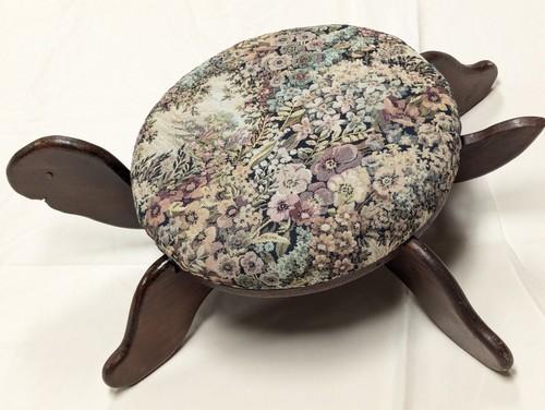 Vtg Turtle Foot Step Stool Large 70s Handmade Wood 27x9x18” Upholstered Tapestry - Picture 1 of 16