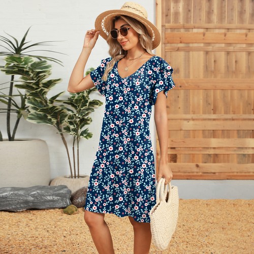Womens Ladies V Neck Loose Beach Dress Pocket Ruffles Sleeves Floral Summer SIZE - Picture 5 of 22