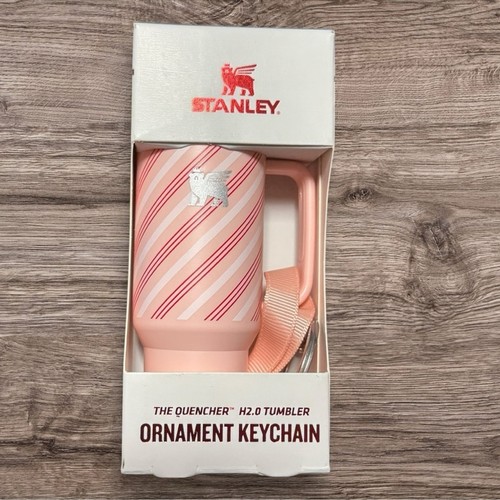 Mini Stanley The Quencher Tumbler Ornament Keychain Pink Candy Cane Stripe | New - Picture 1 of 4