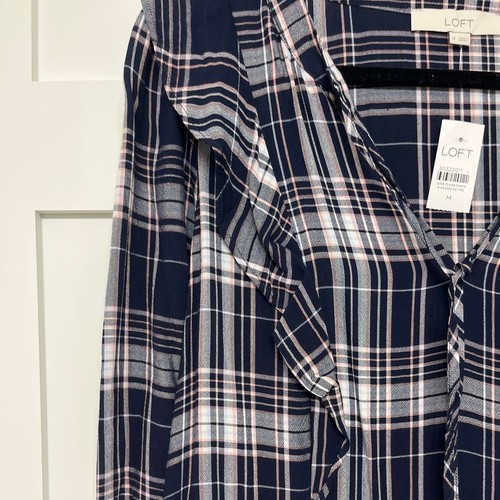LOFT Womens Blue Plaid Ruffle Dress Tier Tie Neck Navy White Size Medium NWT - Picture 6 of 10