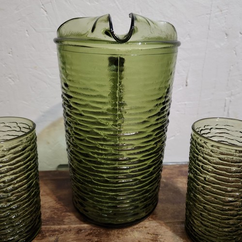 Vintage SORENO Avocado Green Glass 8" Pitcher With 4 Glasses 5" Anchor Hocking - Picture 9 of 15