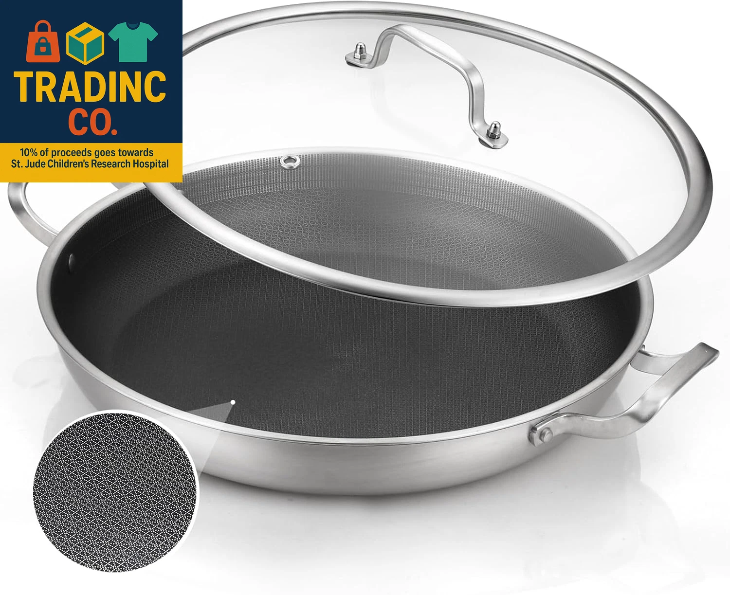 Paella Pan 14 Inch Tri-Ply Stainless Steel Paella Pan with Lid Nonstick Frying P