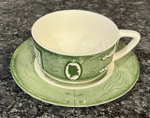Vintage Colonial Homestead Green by Royal Flat Cup & Saucer Set Silhouettes Pail - Picture 1 of 8