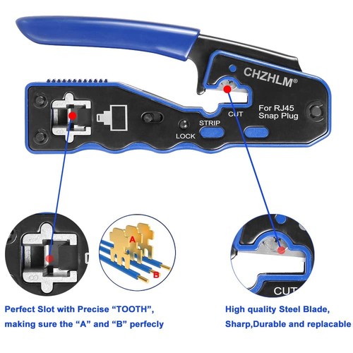CHZHLM Rj45 Crimp Tool Kit Pass Through Crimping Tool Crimper Cutter for Cat6 - Afbeelding 4 van 5