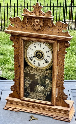 ANTIQUE SETH THOMAS PARLOR 24" WOOD MANTLE SHELF WIND UP CLOCK w/ PENDULUM & KEY - Picture 2 of 10