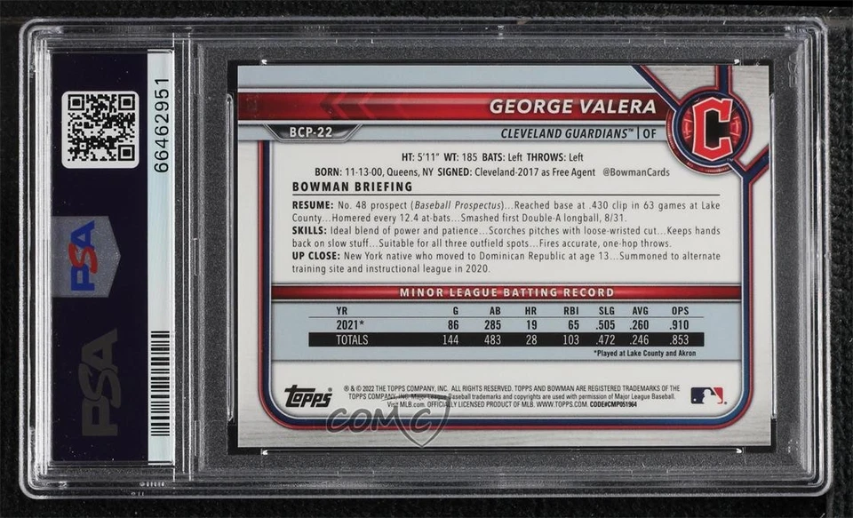 2022 Bowman Sapphire Edition Chrome Prospects Purple /25 George Valera PSA 9 - Image 2 of 2