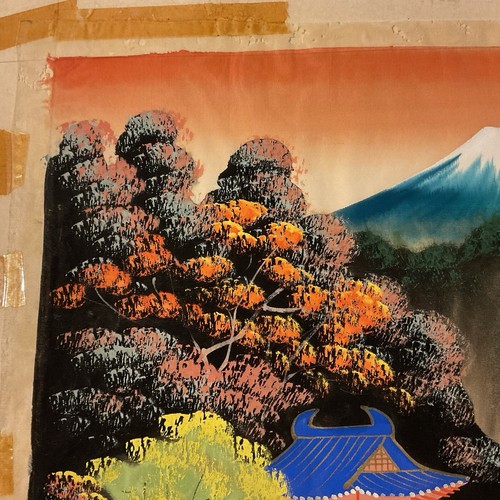 vintage japanese painting on silk Temple Waterfall Mt Fugi Background 18x14.5 - Picture 3 of 13