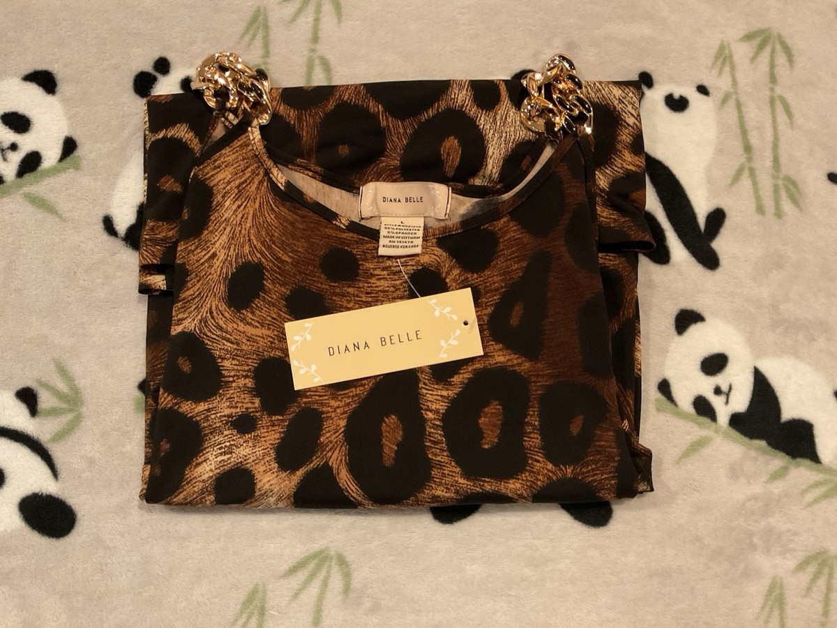 Diana Belle Women's Large Leopard Print Blouse Cold Shoulder Gold