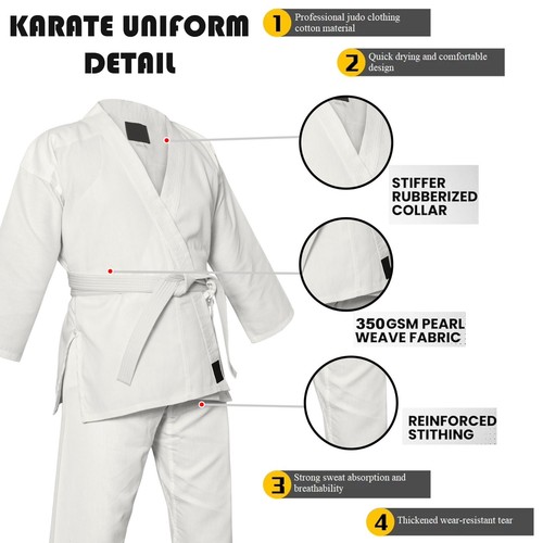 Karate Gi Kinder Erwachsene leichte weiß schwarze Uniform alle Größen mit gratis Gürtel - Bild 4 von 5