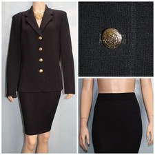 ST. JOHN Basics Knits Black Jacket Skirt L 12 14 2pc Suit Gold Buttons Classic