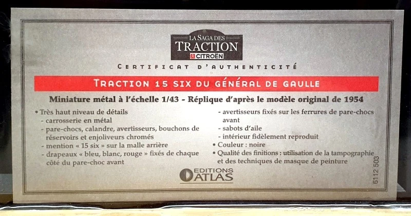 Atlas Editions escala 1/43 6112 503 - Citroen Traction 15 De Gaulle 1954 - negro Foto 4 de 4