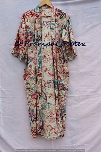 Rosa Floral Print Beige Hecho a Mano Algodón Kimono BeachCoverup Ropa de Noch... - Imagen 3 de 5